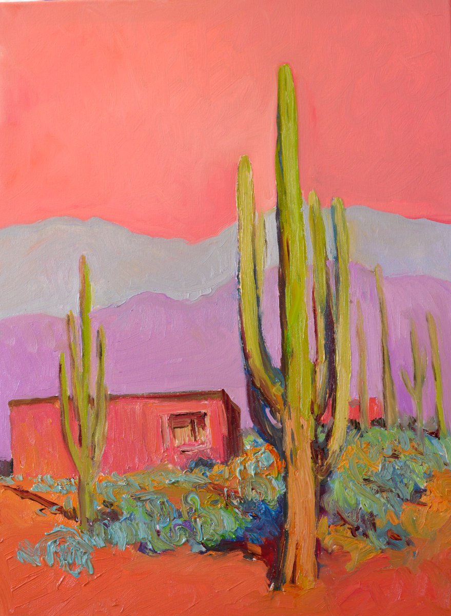 Expressive Landscape Oil Painting By Suren Nersisyan, 18 X 24", Pink House And Saguaros, Original Artwork
