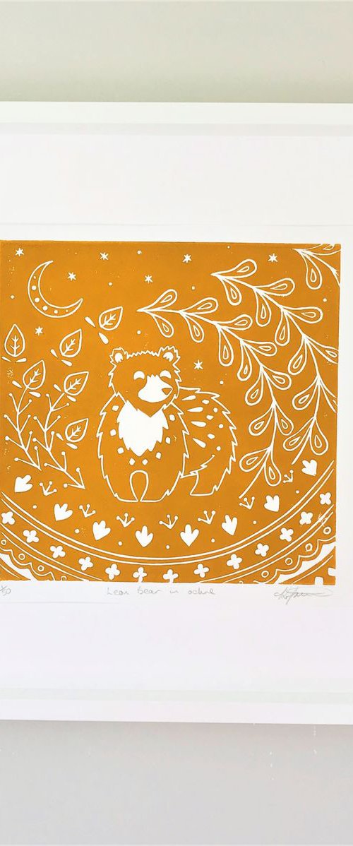 Leon Bear in ochre, limited edition scandinavian folk art, linocut print by Katie Farrell