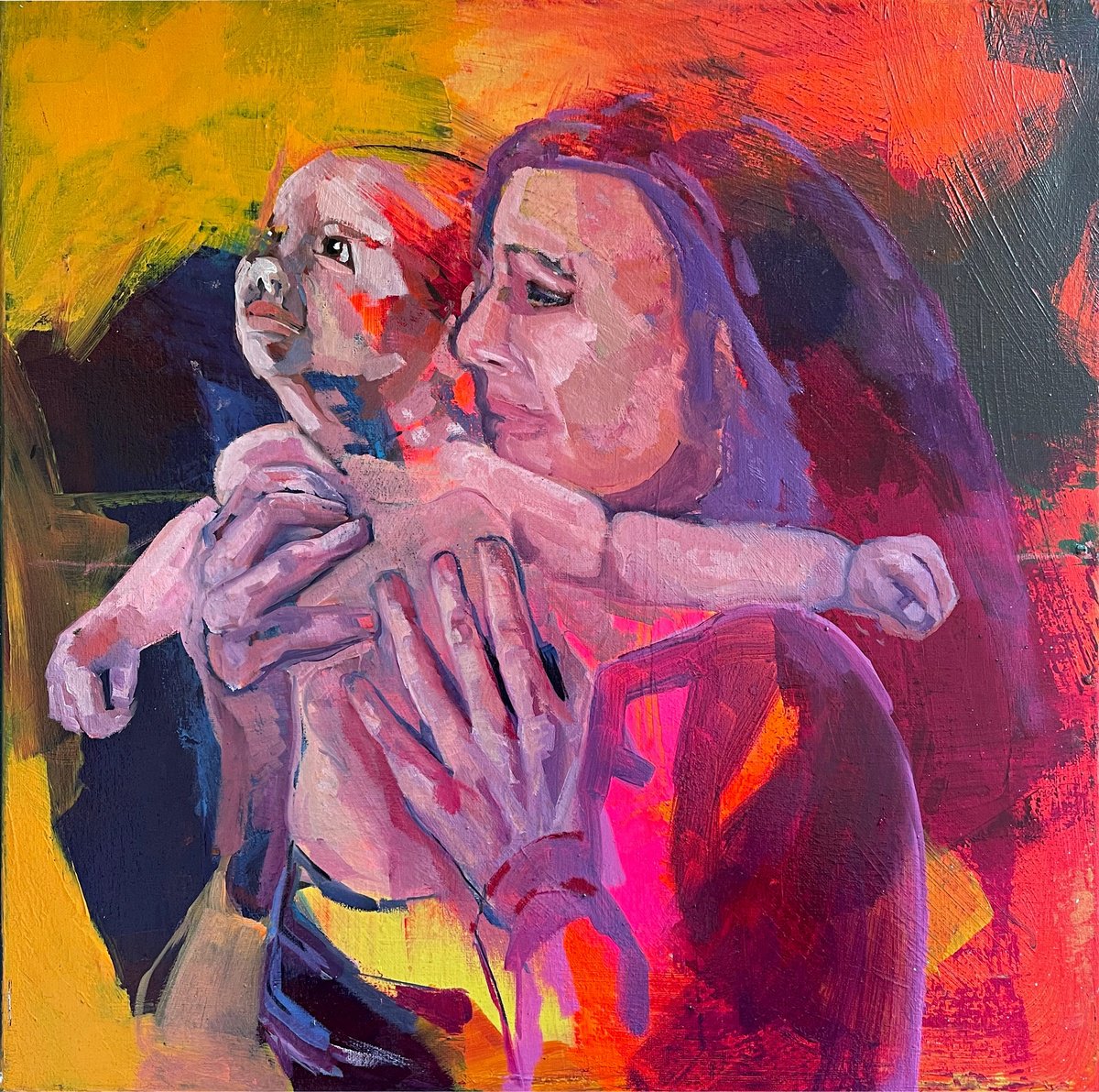 Expressive Portrait Oil Painting By Ulli Schmitt, 20 X 20", Mother, Original Artwork