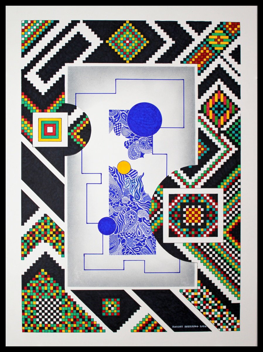 Geometric Abstract Ink Drawing By Knight Sherring, 22 X 30", A Hint Of A Pattern., Original Artwork