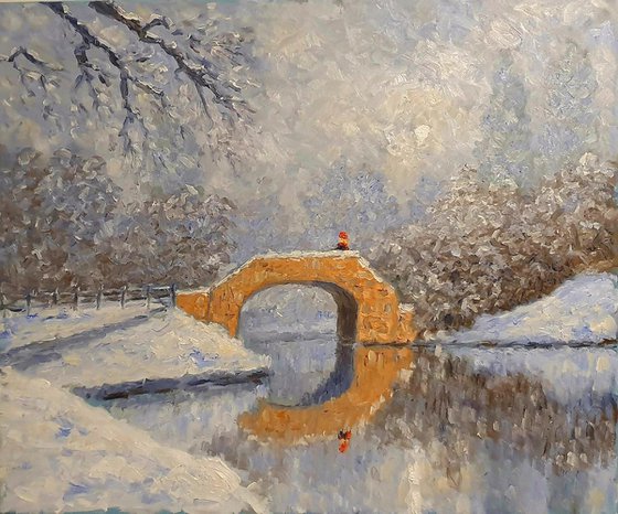 snow scene with bridge