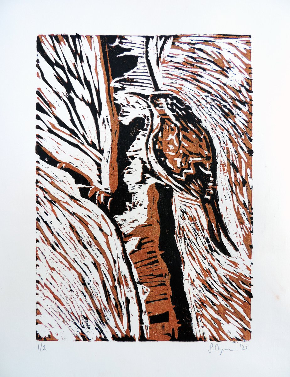 Treecreeper - reduction woodcut print by Sheila Chapman