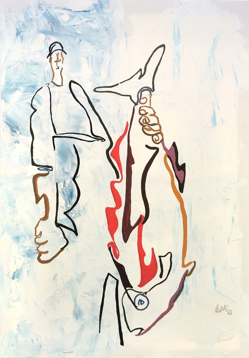 Expressive Portrait Acrylic Painting By Uli Lachelt, 28 X 39", Xv 31 - Fisherman Saager And His Catch, Original Artwork