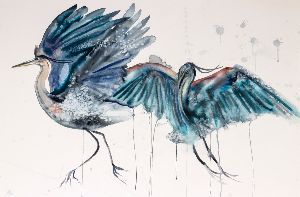 Expressive Animal Watercolour By Elizabeth Becker, 40 X 26, Herons In Flight No. 7, Original Artwork