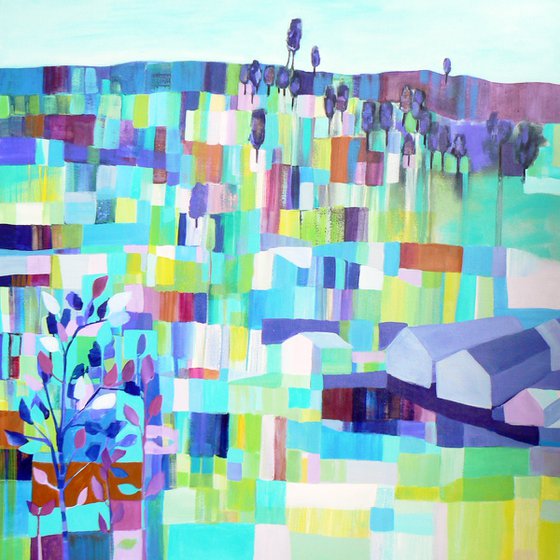 Patchwork landscape (large contemporary semi abstract painting, ready to hang abstract landscape)