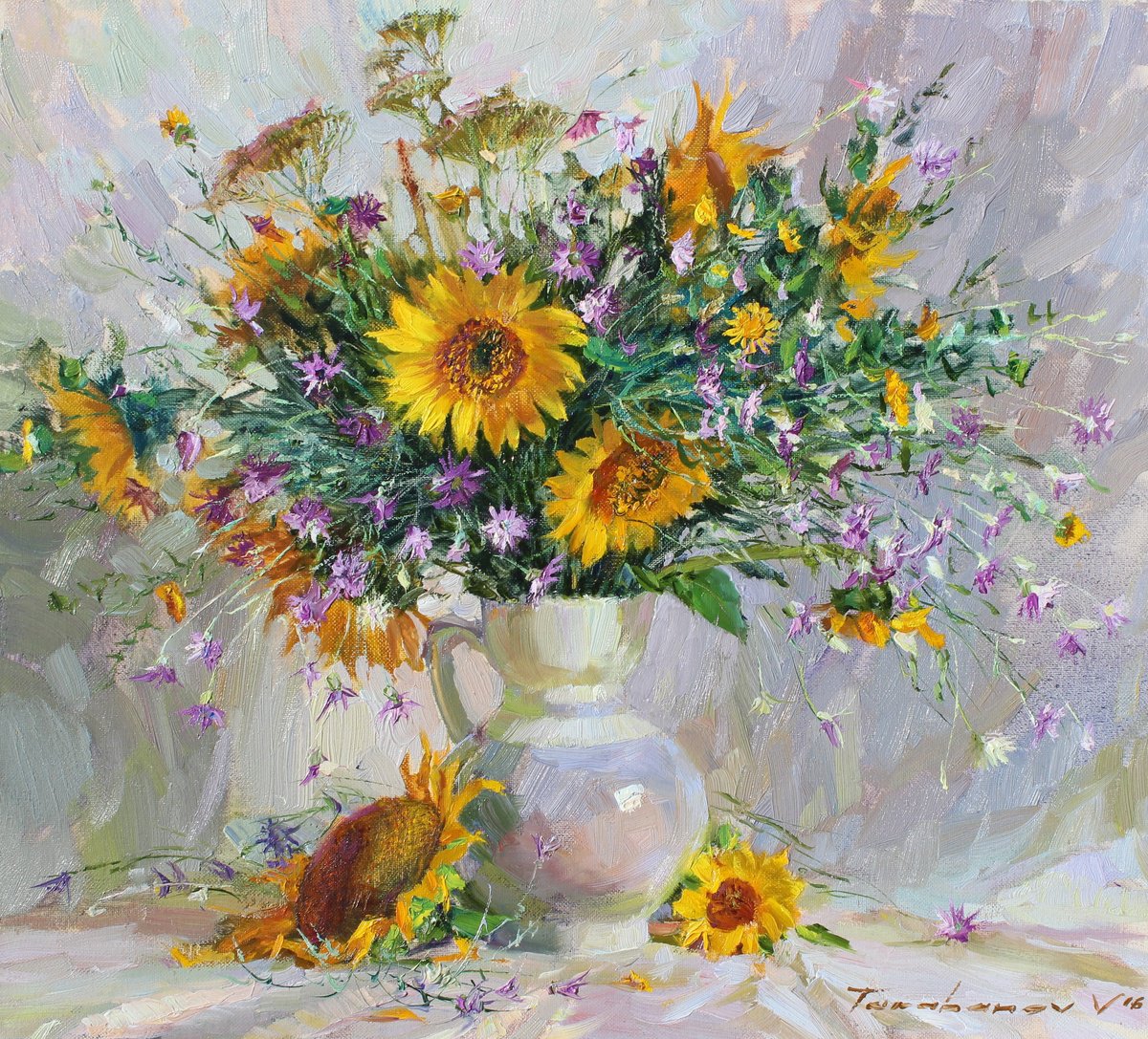 Impressionistic Botanical Oil Painting By Volodymyr Tarabanov, 22 X 20", Wildflowers And Sunflowers, Original Artwork