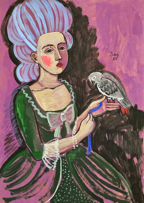 Girl with a grey parrot by Liuba Zdor