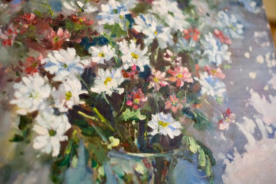 Autumn bouquet. Original oil painting. Impressionistic still life flowers gentle muted colors shadow provence bright