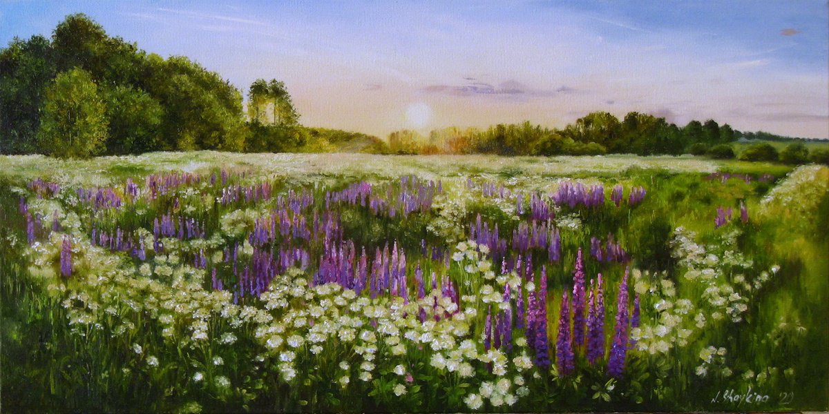 Impressionistic Landscape Oil Painting By Natalia Shaykina, 26 X 14", Lupine Meadow, Original Artwork
