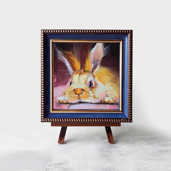 Rabbit painting original framed 4x4, Small painting hot pink cute rabbit artwork