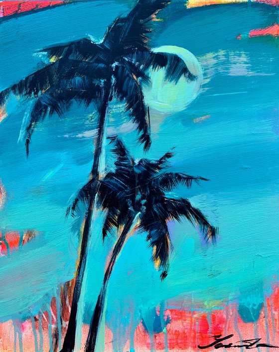 Expressionist painting - "Pink sun rays" - Pop Art - palms and sea - night seascape - 2022