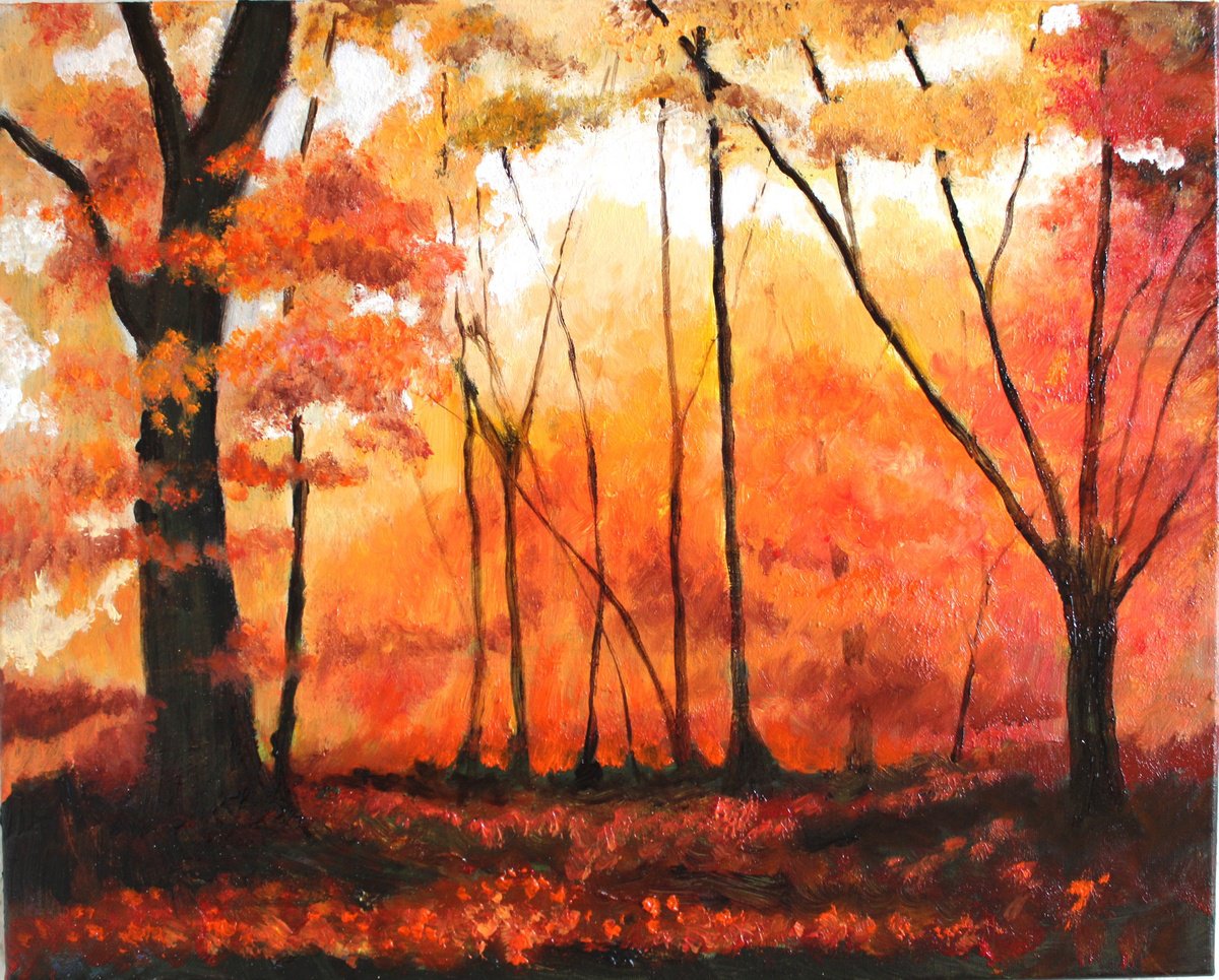 Impressionistic Landscape Oil Painting By Rod Bere, 20 X 16", Autumn Fire, Original Artwork