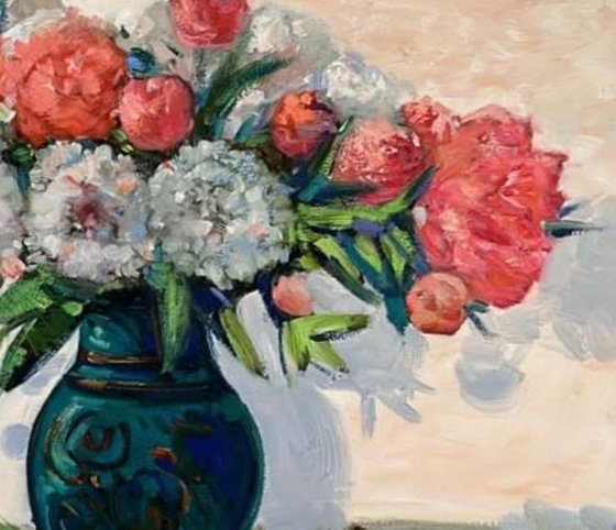 Peonies in Emerald Vase