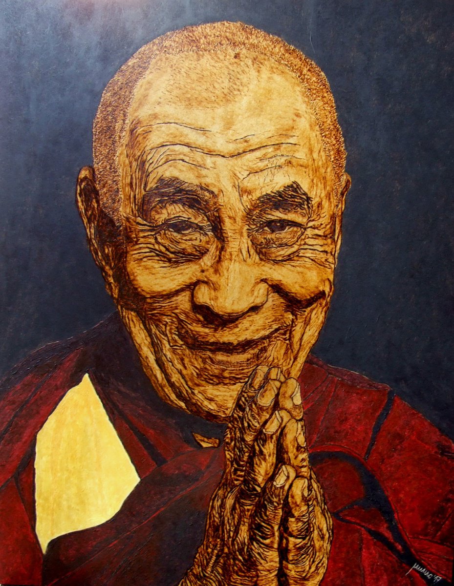 Expressive Portrait Painting By Milis Pyrography, 16 X 20", Dalai Lama, Original Artwork