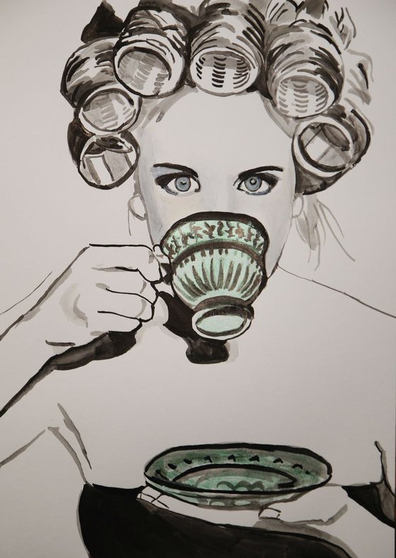 Girl with curlers and coffee  / 42 x 29.7 cm