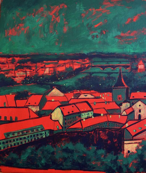 Big acrylic painting Red roofs of Prague, green and red by Kate Grishakova