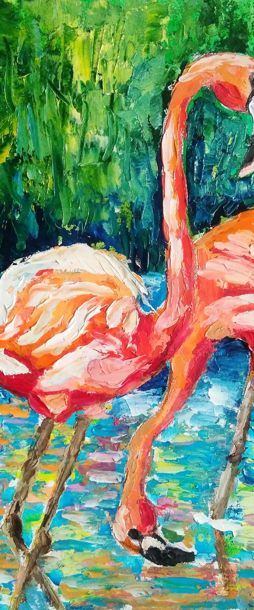Flamingo Painting Original Art Impasto Couple Bird Artwork by Yulia Berseneva