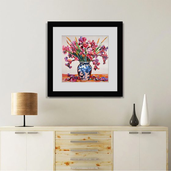 Irises in a porcelain vase