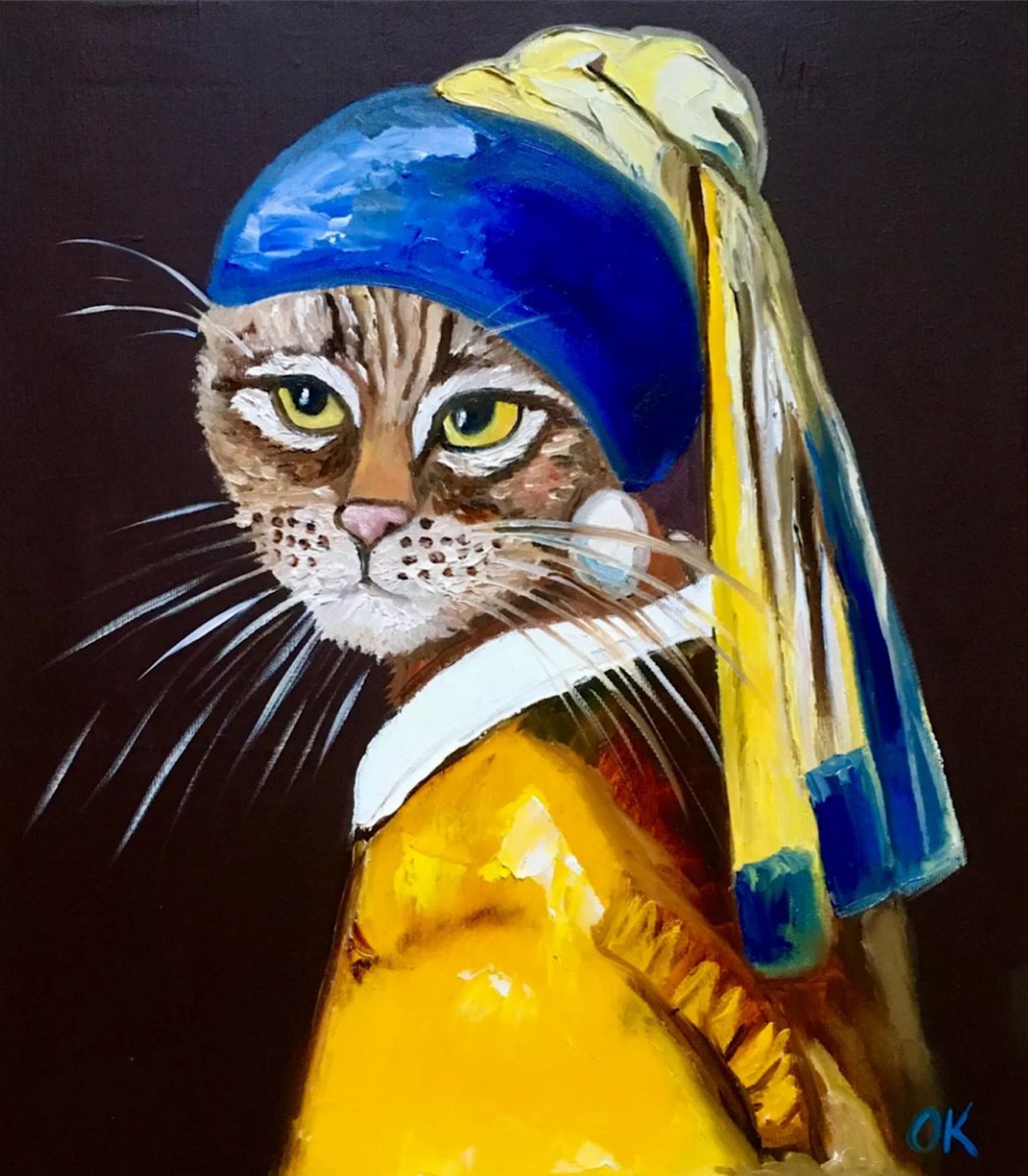 Expressive Animal Oil Painting By Olga Koval, 16 X 18", Cat With The Pear Earring 4, Original Artwork