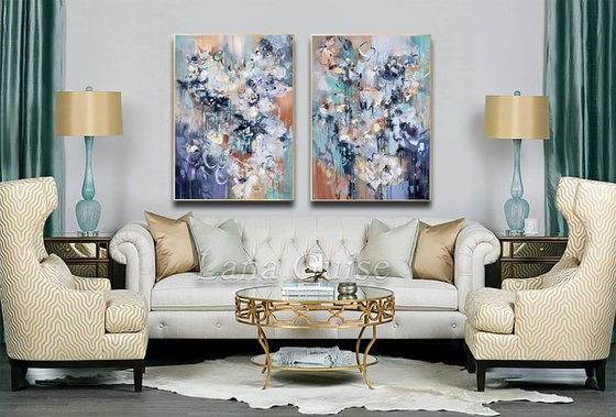 Paradise Vision - Flowers painting 48" x 36" Abstract Flower Art, Set of Two Paintings, Multi Panel Abstract, ORIGINAL Painting, Gold Leaf Painting, Black and Gold, Large Art