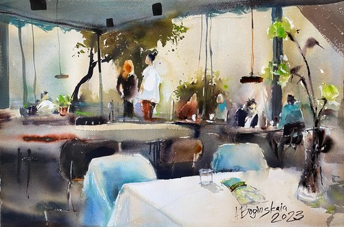 Cafe vibes - original watercolor by Anna Boginskaia
