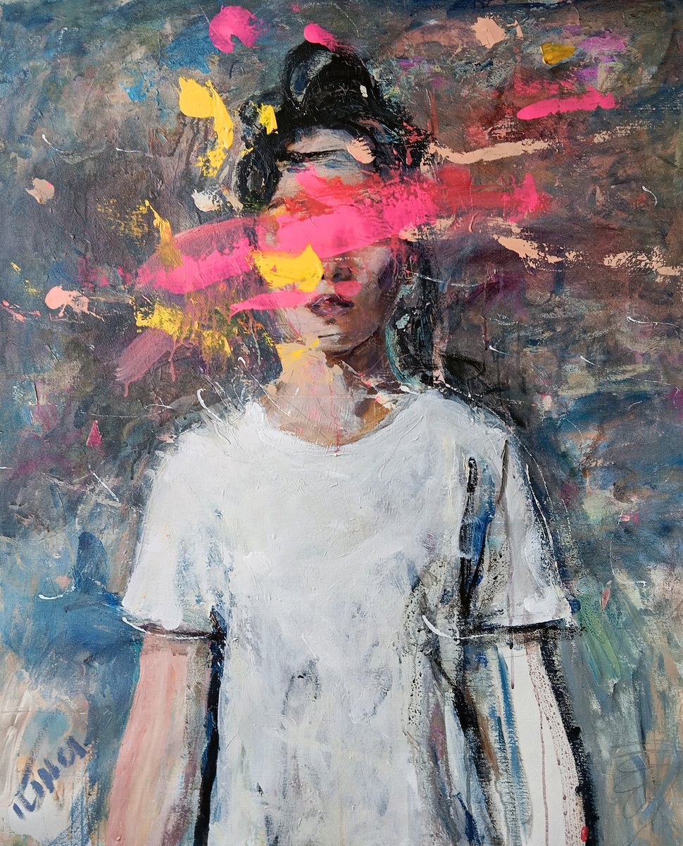 Organic Portrait Painting By Catalin Ilinca, 37 X 45, Asian Girl (L