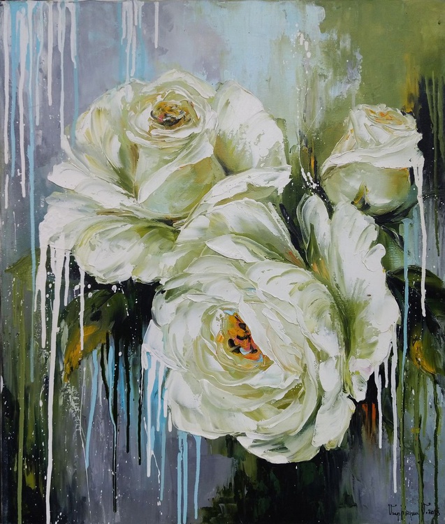 White Roses 60x70cm Oil Painting Palette Knife Artfinder