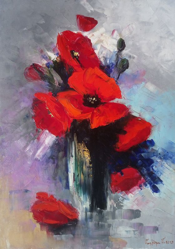 Red poppies 50x70cm, oil painting, palette knife