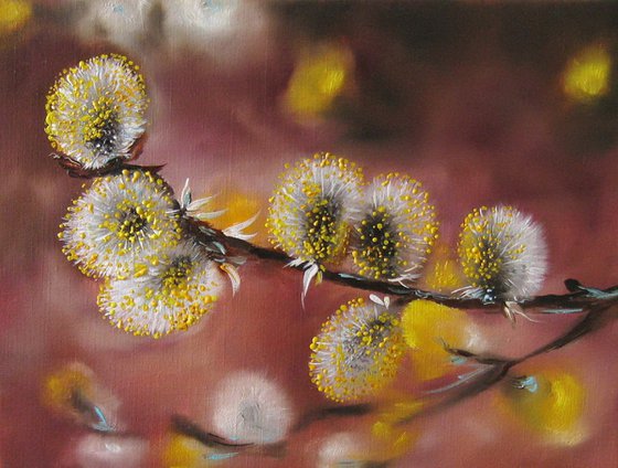 Willow Catkins Oil Painting, Willow Branch Nature Original Small Art Canvas, Spring Scenery Wall Art Realistic Artwork