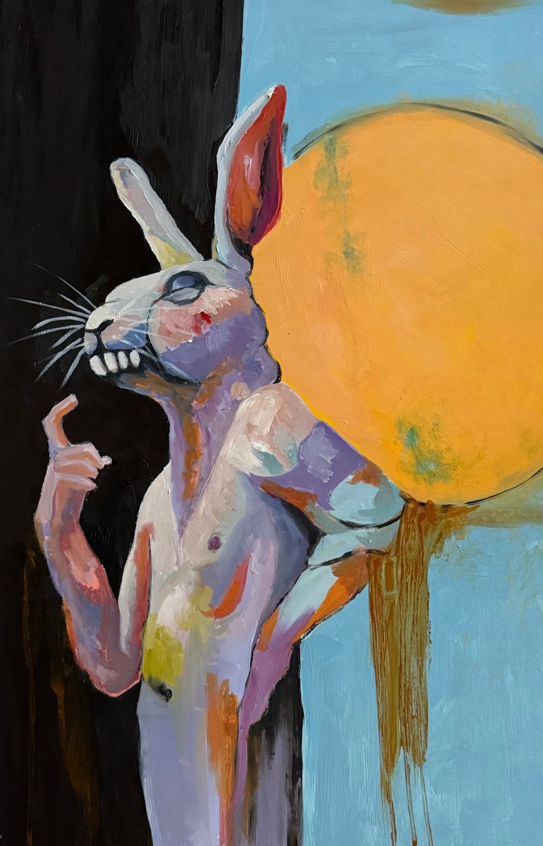 Illustrative Animal Oil Painting By Lola Jovan, 13 X 19", Rabbit, Aggrieved, Original Artwork