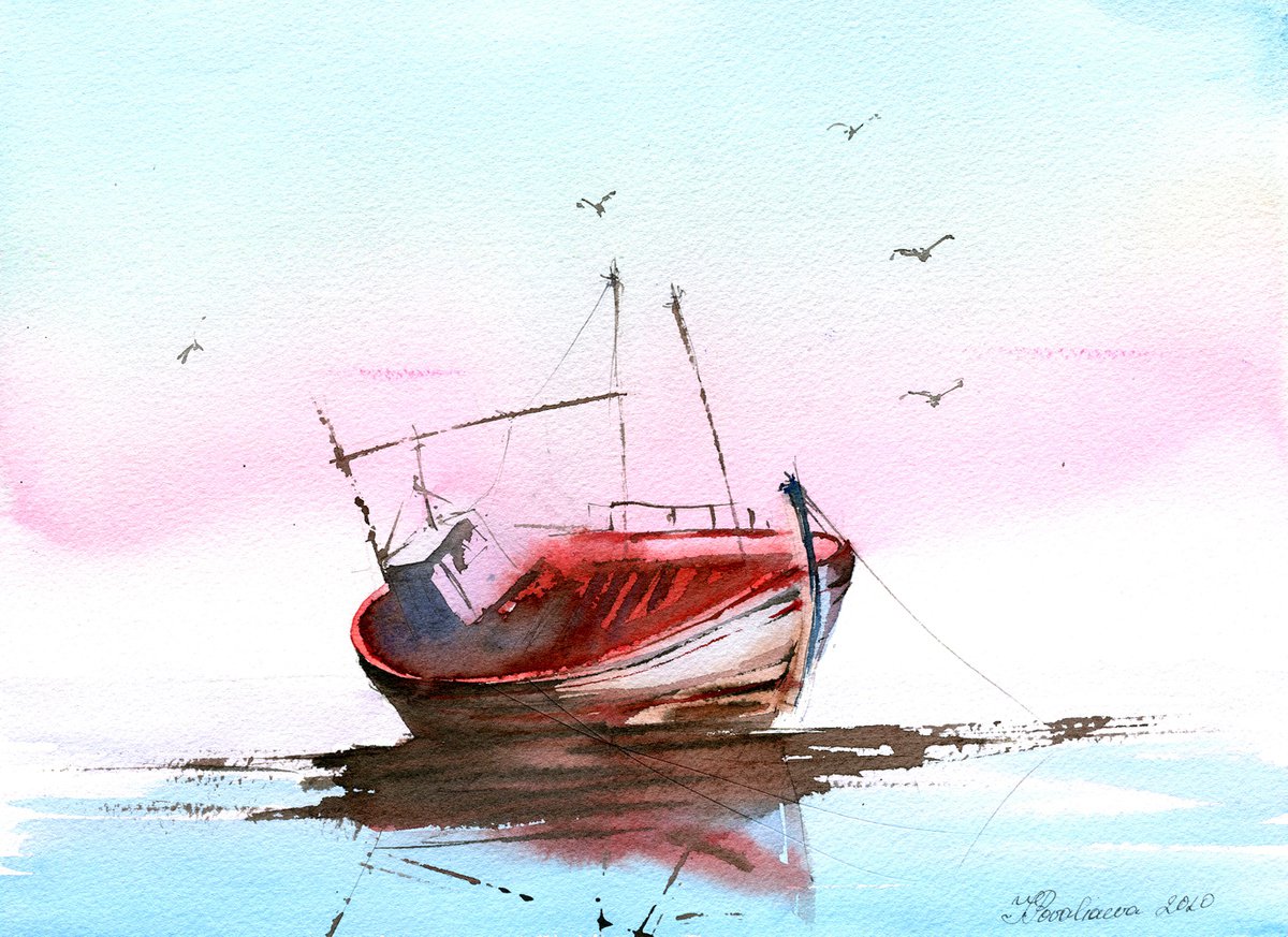 Old boat on the river original watercolor artwork, shallow boat, boat at sunset, red and b... by Irina Povaliaeva