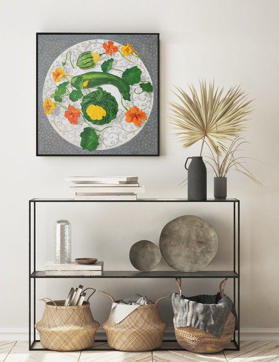 Courgette and two decorative pumpkins