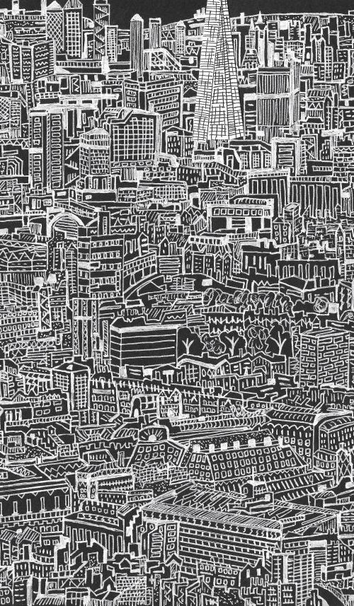 London Skyline with the Shard (Black and white drawing with collage detail) by Emma Bennett