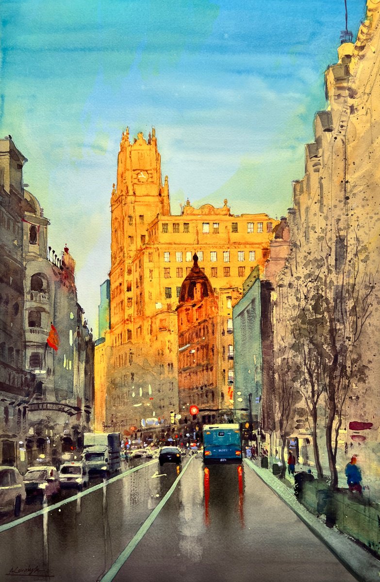 Impressionistic Cityscapes Watercolour By Andrii Kovalyk, 15 X 22, La Gran Vi?a, Original Artwork