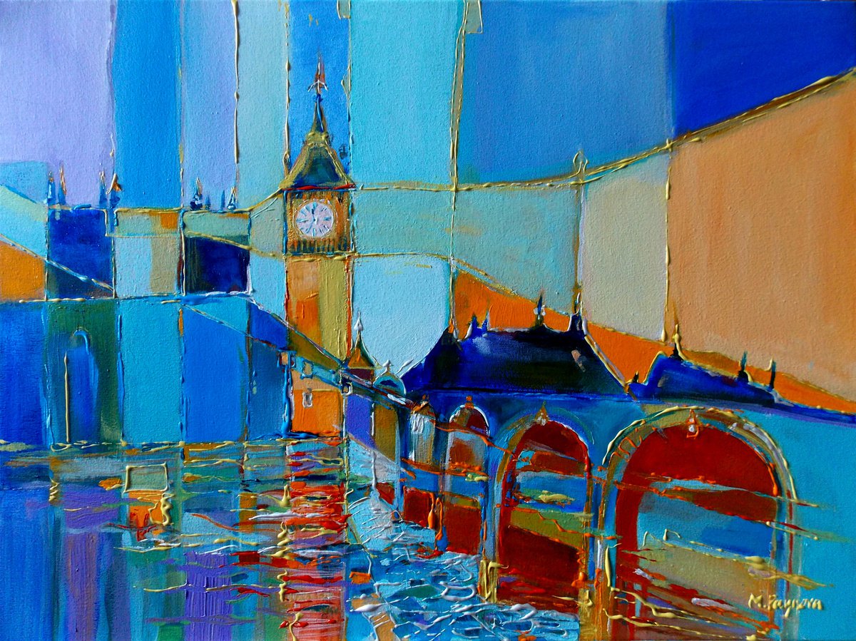 Impressionistic Cityscapes Acrylic Painting By Maria Paunova, 24 X 18", London Time, Original Artwork