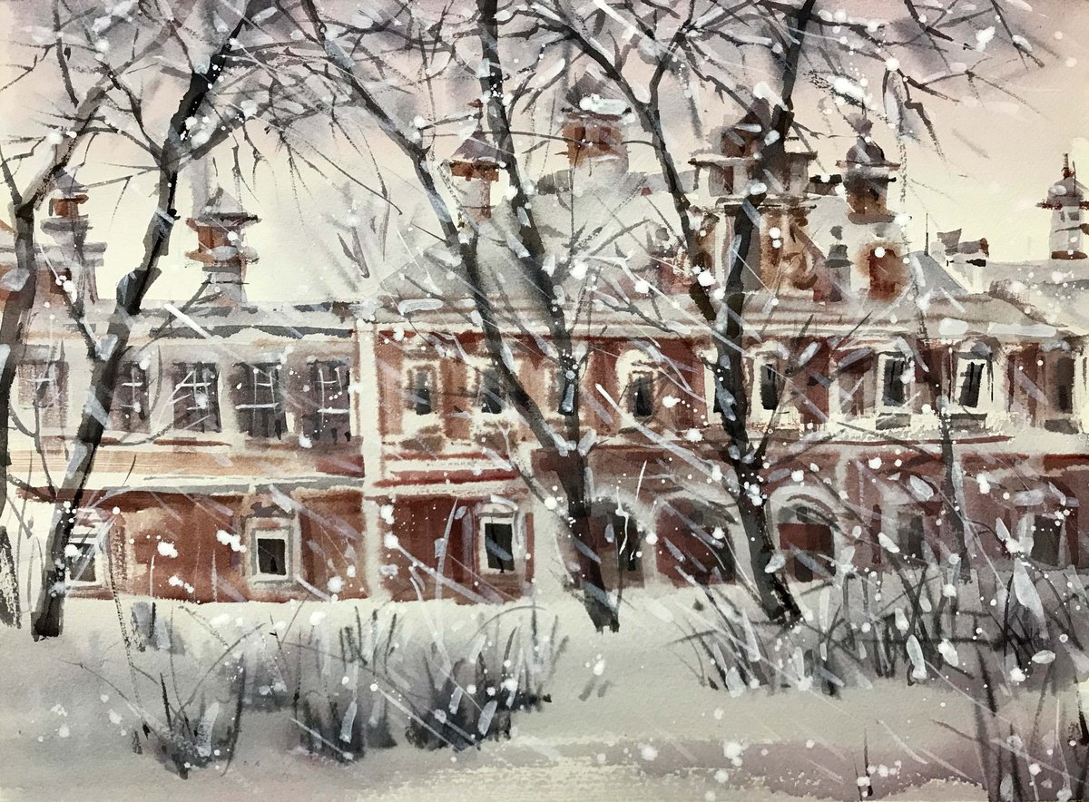 Old manor in winter. one of a kind, gift, original painting. by Galina Poloz