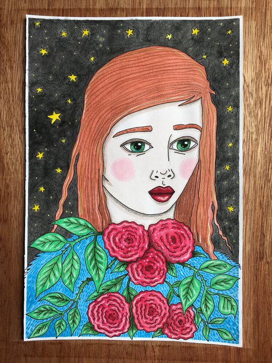 Stars and Roses - Original mixed media painting