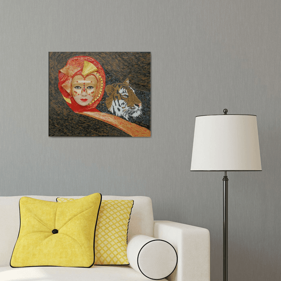 Moods - Original, unique, fantasy woman and tiger mixed media mosaic art in high-relief