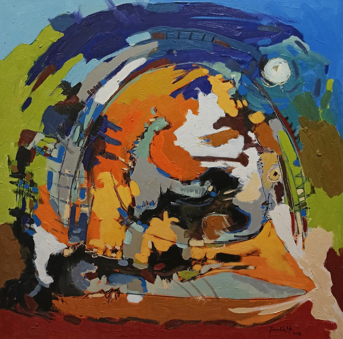 Abstract Oil Painting By Artyom Basenci, 31 X 31, Volcano Of Colors, Original Artwork