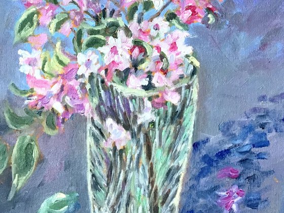 Weigela blooms in an antique Vase - Another oil painting by Julian Lovegrove
