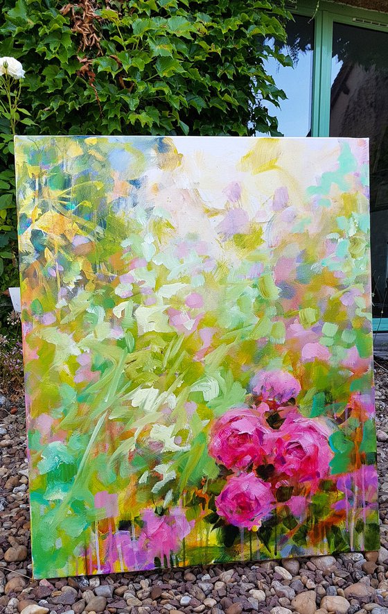 Flowers in a garden Modern Semi abstract floral painting Les roses au jardin Soft colors Decorative wall art