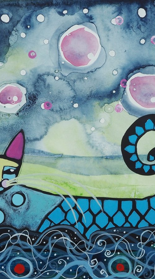 Happy Night Swim - funny cat art by Sara Rodighiero