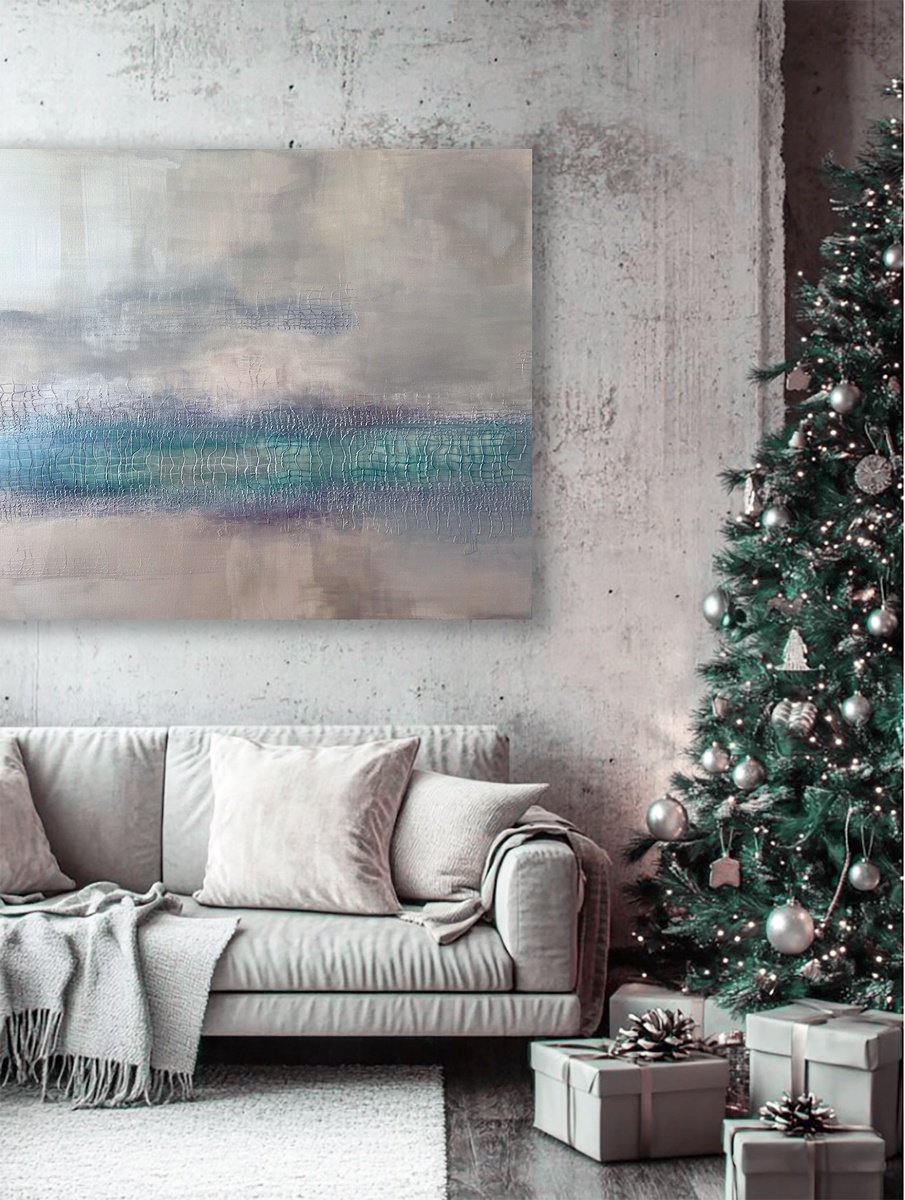 Abstract Acrylic Painting By Indie Ru, 47 X 39, Silver Turquoise Minimalism, Original Artwork