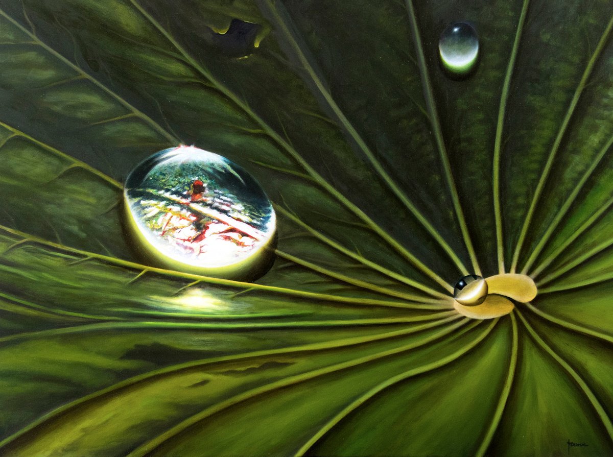 Photorealistic Botanical Oil Painting By Juan Bernal, 48 X 36", "Waterlily Leaf With Dew", Original Artwork