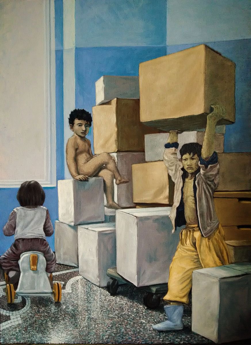 Portrait Oil Painting By Antonio Mele, 37 X 51, Working In The Room, Original Artwork