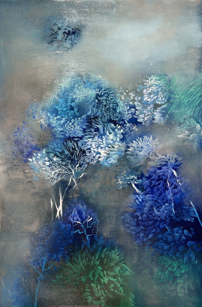 Abstract Landscape Oil Painting By Ludmila Budanov, 31 X 47", Blue Galisia, Original Artwork