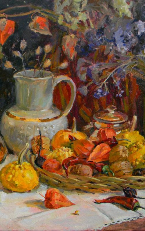 Still life with decorative pumpkins (60x40) by Liudmyla Chemodanova