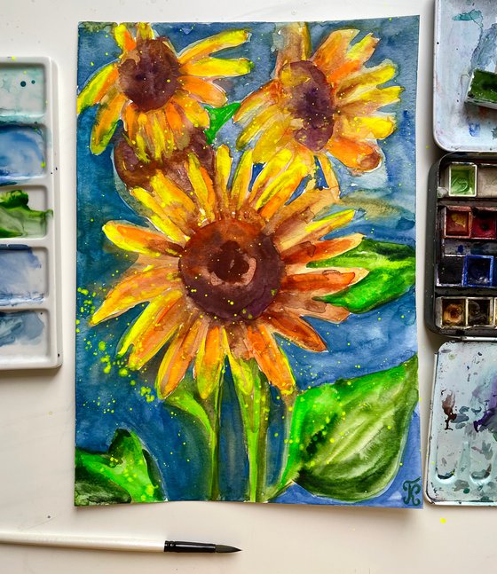 Sunflowers painting, Yellow Flowers Original Watercolor Painting