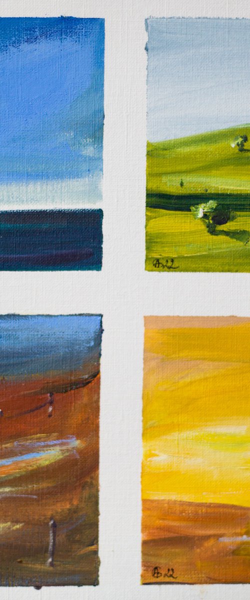 Spain from the train window series. Collection of mini landscapes with spanish views. Green, blue, yellow and sienna. by Sasha Romm