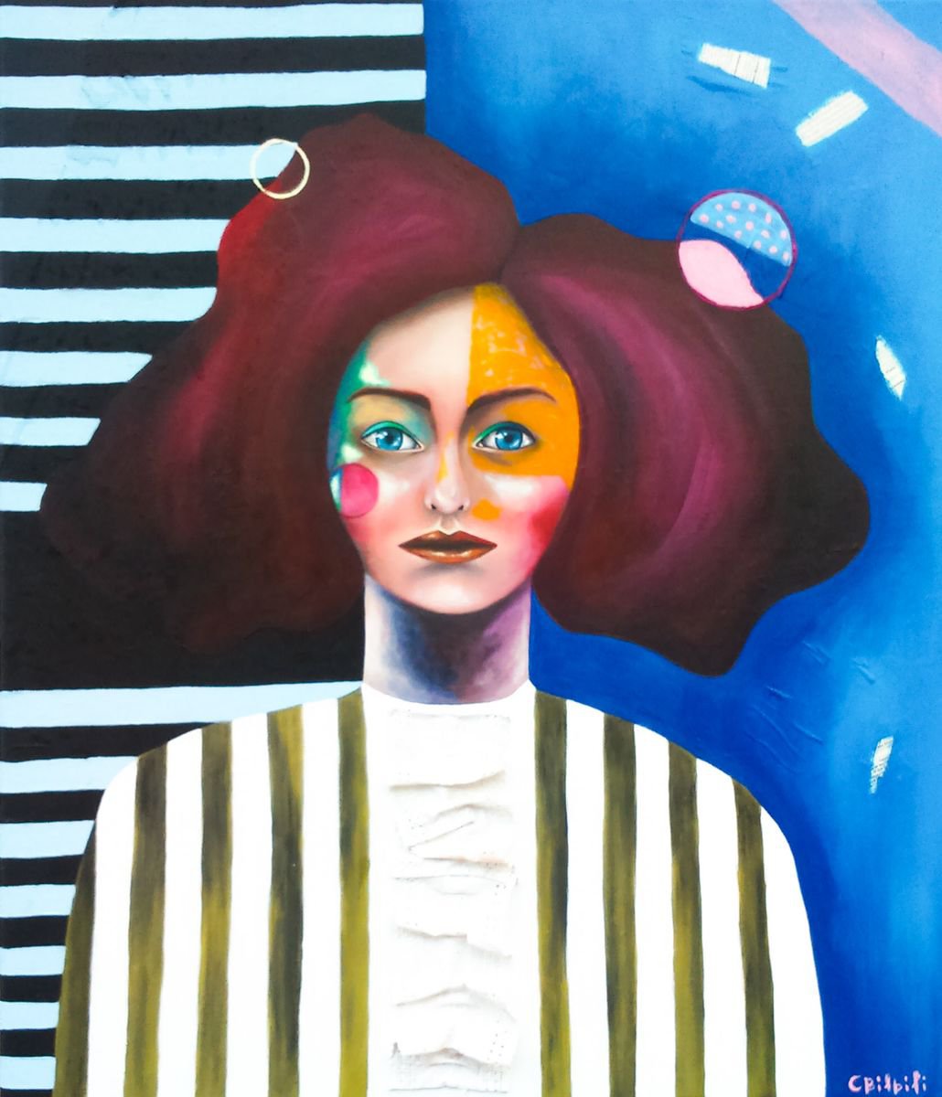 Urban And Pop Portrait Painting By Christina Bilbili, 24 X 28, Look At Me Now, Original Artwork